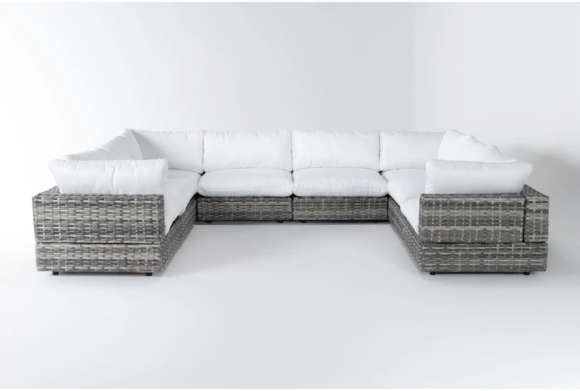 Retreat 156" Outdoor 8 Piece Grey Woven Modular Sofa Sectional With White Cushions - 360
