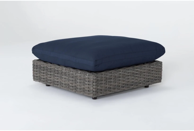 Retreat Outdoor Brown Woven Ottoman With Navy Cushions - 360