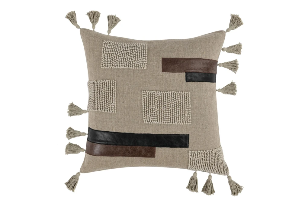 22X22 Natural Multi Linen With Leather Design Throw Pillow With Tassels