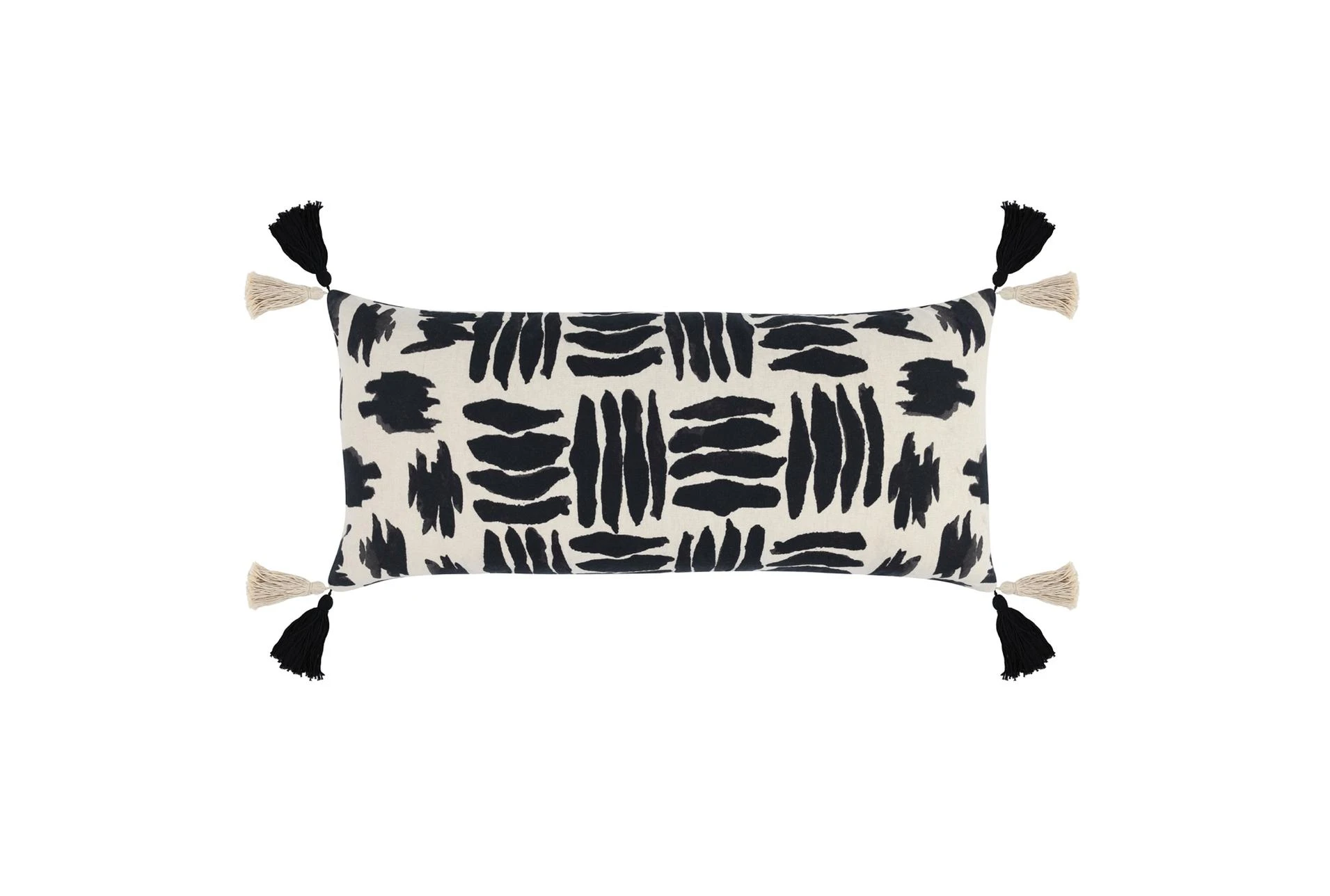 14X26 Natural + Black Embroidered Lumbar Pillow With Tassels