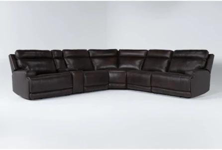 Vance Brown Leather 140" 6 Piece Zero Gravity Reclining Modular Sectional with 2 Armless Chairs, Console, USB, Power Headrest & Lumbar