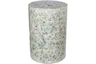 19 Inch Blue Gray Multi Capiz Shell Hexagon Plant Stand Accent Table