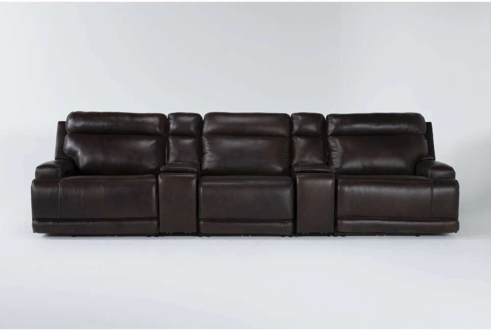 Vance Brown Leather 143" 5 Piece Zero Gravity Reclining Modular Home Theater Sectional with Power Headrest, USB & Lumbar