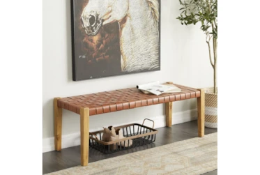 Brown Woven Leather Bench