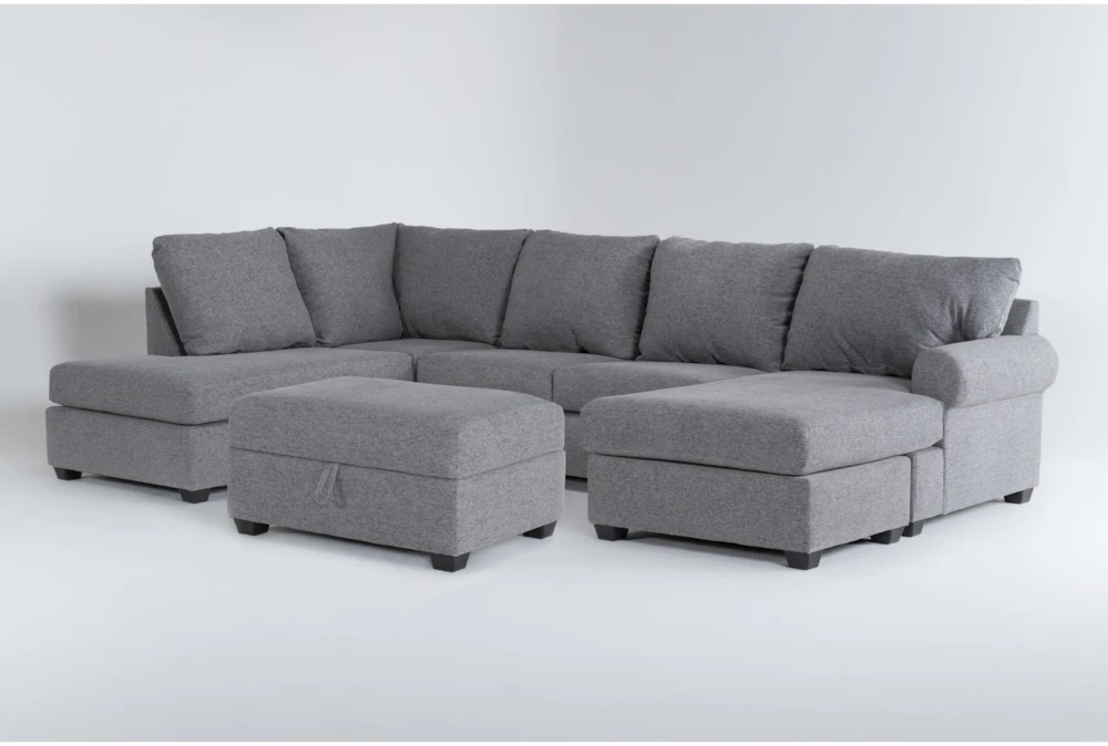 Hampstead Graphite 140" 2 Piece Sectional with Right Arm Facing Sleeper Sofa Chaise, Left Arm Facing Corner Chaise & Storage Ottoman