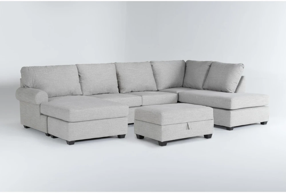 Hampstead Dove 140" 2 Piece Sectional with Left Arm Facing Sleeper Sofa Chaise, Right Arm Facing Corner Chaise & Storage Ottoman