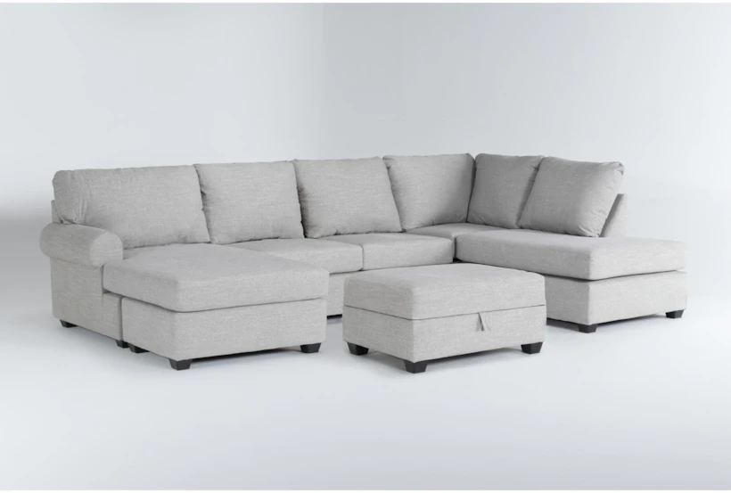 Hampstead Dove 140" 2 Piece Sectional with Left Arm Facing Sleeper Sofa Chaise, Right Arm Facing Corner Chaise & Storage Ottoman - 360
