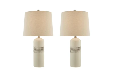 25 Inch White Cream Textured Band Ceramic Table Lamps 2 Piece Set - Main