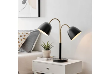24 Inch Black + Gold Gooseneck 2 Light Task Table Lamp With Usb + Outlet