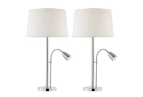 27 Inch Silver Metal Table Lamp With Gooseneck Task Reading Lamp + 3 Way Switch 2 Piece Set