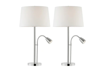 27 Inch Silver Metal Table Lamp With Gooseneck Task Reading Lamp + 3 Way Switch 2 Piece Set - Main