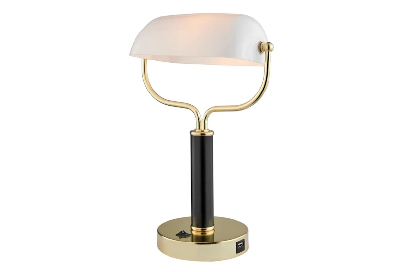 15 Inch Black Gold + Frosted Glass Glowing Bankers Table Lamp With Usb Port - 360