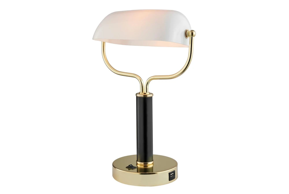 15 Inch Black Gold + Frosted Glass Glowing Bankers Table Lamp With Usb Port