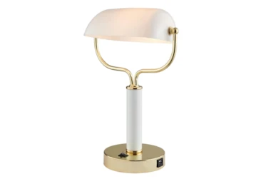 15 Inch White Gold + Frosted Glass Glowing Bankers Table Lamp With Usb Port