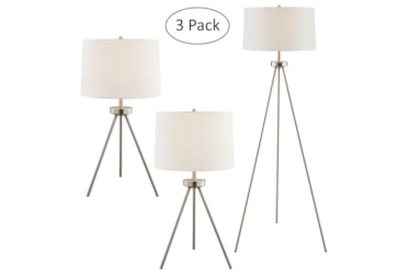 Silver Brushed Nickel Tripod  Table + Floor Lamps 3 Piece Set