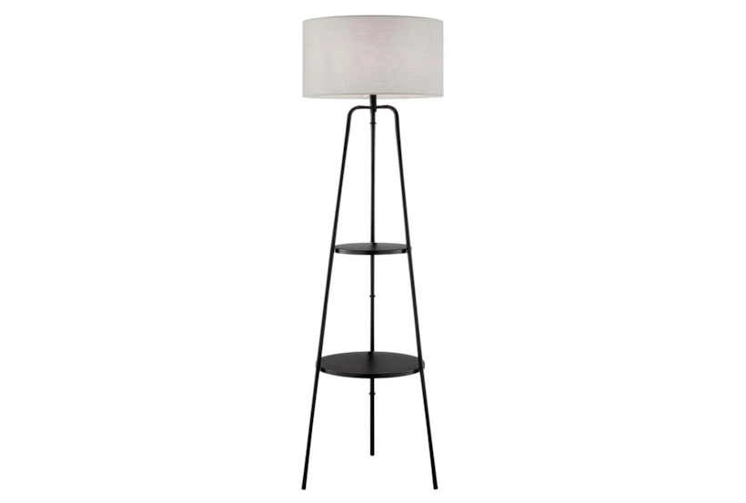 62 Inch Black Metal + Grey Shade Tripod Plant Stand Floor Lamp With 2 Tier Table - 360