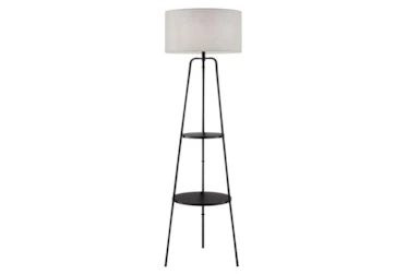 62 Inch Black Metal + Grey Shade Tripod Plant Stand Floor Lamp With 2 Tier Table