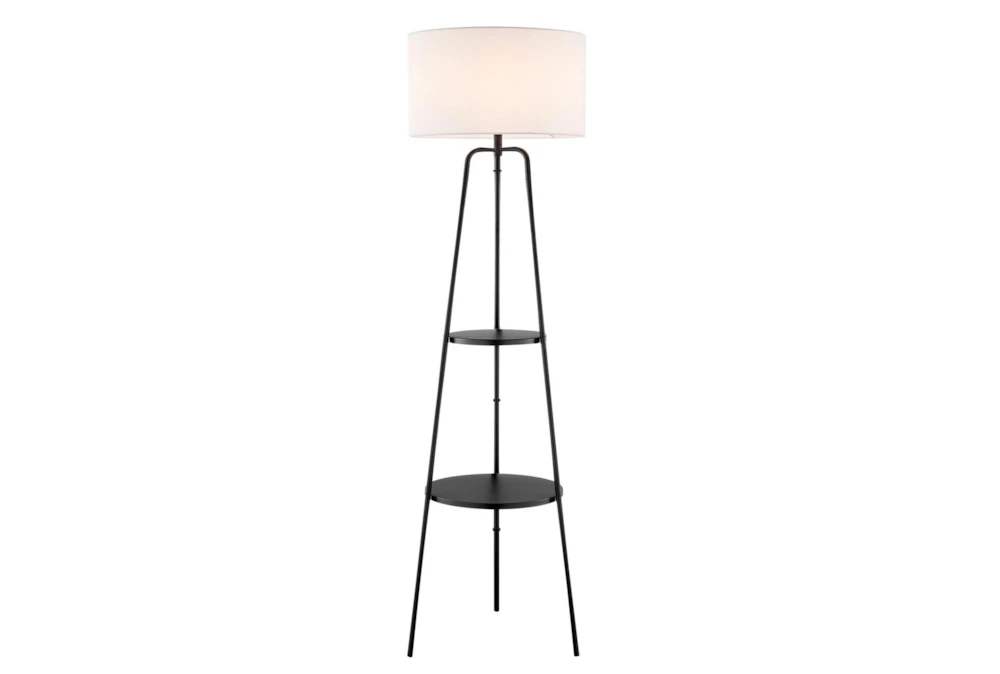 62 Inch Black Metal + White Shade Tripod Plant Stand Floor Lamp With 2 Tier Table