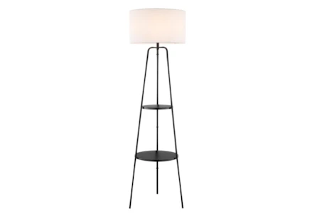 62 Inch Black Metal + White Shade Tripod Plant Stand Floor Lamp With 2 Tier Table - Main