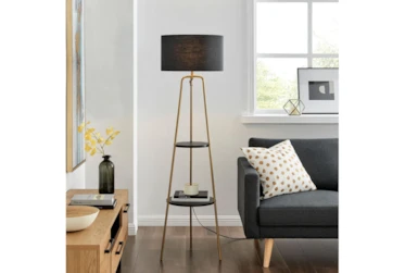 62 Inch Gold Metal + Black Shade Tripod Plant Stand Floor Lamp With 2 Tier Table