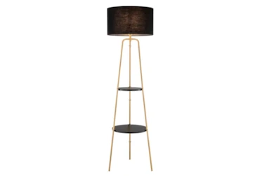 62 Inch Gold Metal + Black Shade Tripod Plant Stand Floor Lamp With 2 Tier Table