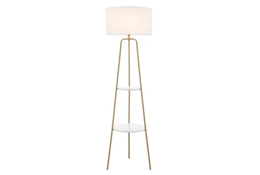 62 Inch Gold Metal + White Shade Tripod Plant Stand Floor Lamp With 2 Tier Table