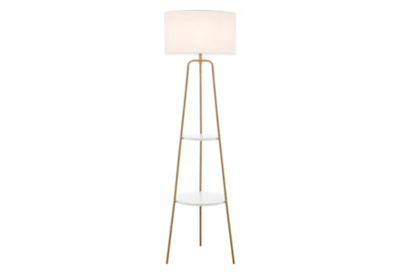 62 Inch Gold Metal + White Shade Tripod Plant Stand Floor Lamp With 2 Tier Table - Main