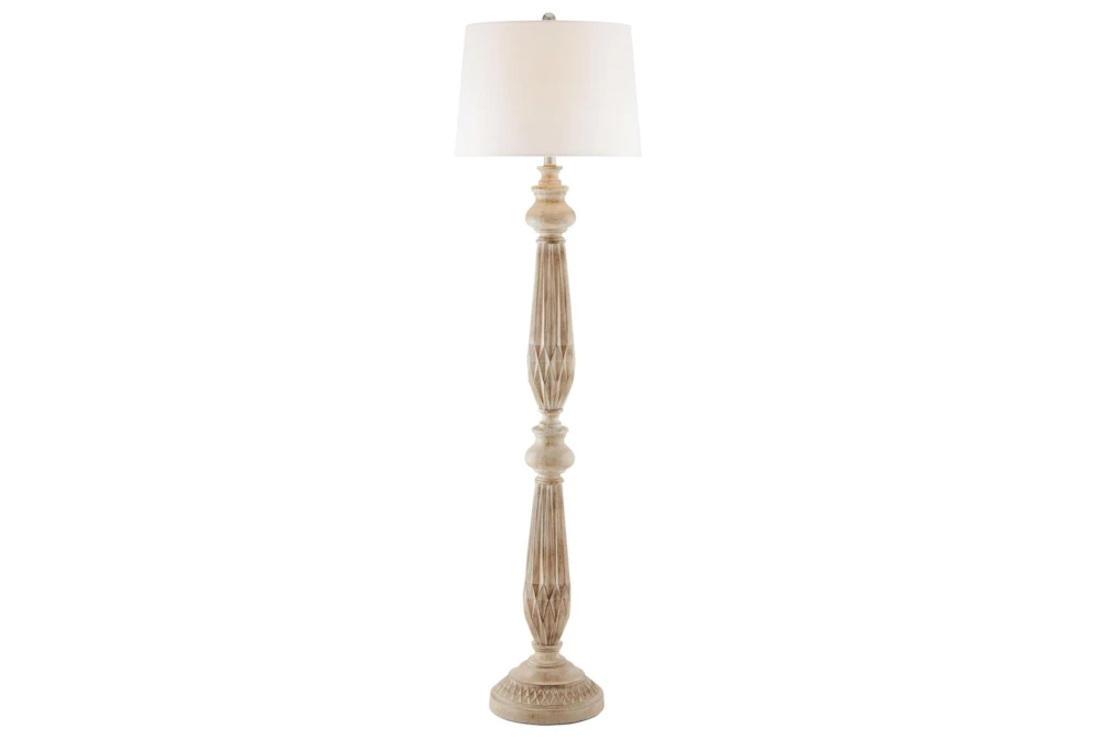 62 Inch White Washed Faceted Turned Wood Floor Lamp