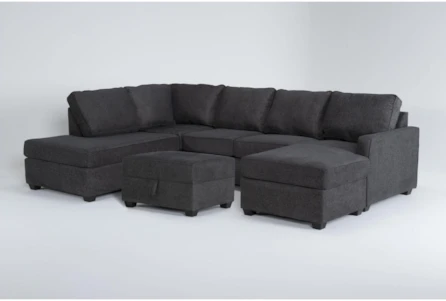 Mathers Slate 125" 2 Piece Sectional With Right Arm Facing Sofa Chaise, Left Arm Facing Corner Chaise & Storage Ottoman