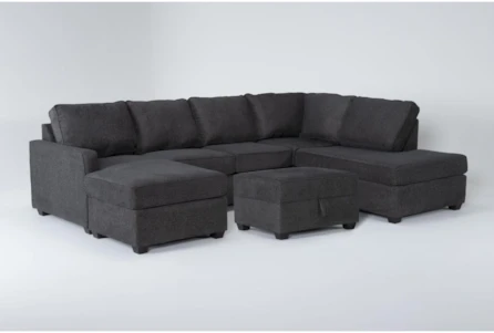 Mathers Slate 125" 2 Piece Sectional With Left Arm Facing Sleeper Sofa Chaise, Right Arm Facing Corner Chaise & Storage Ottoman