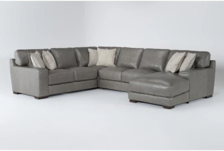 Hamlin Grey Leather 4 Piece Modular Sectional With Right Arm Facing Chaise And 90* Corner