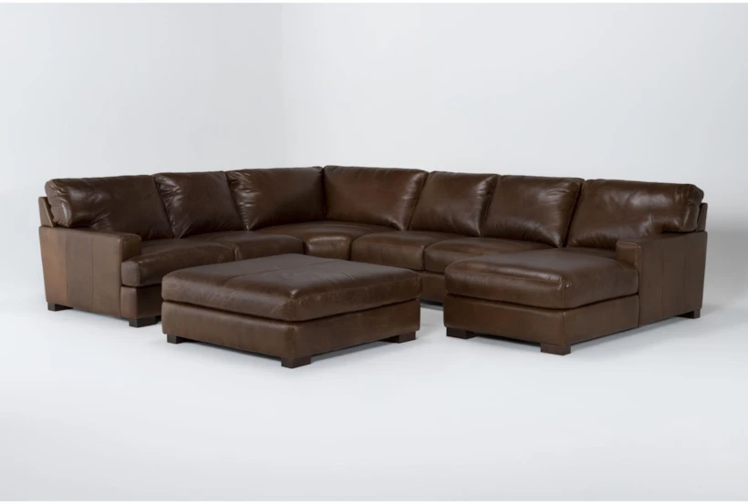 Grisham 100% Top Grain Italian Leather 142" 4 Piece Modular Sectional with Right Arm Facing Chaise & Cocktail Ottoman - 360