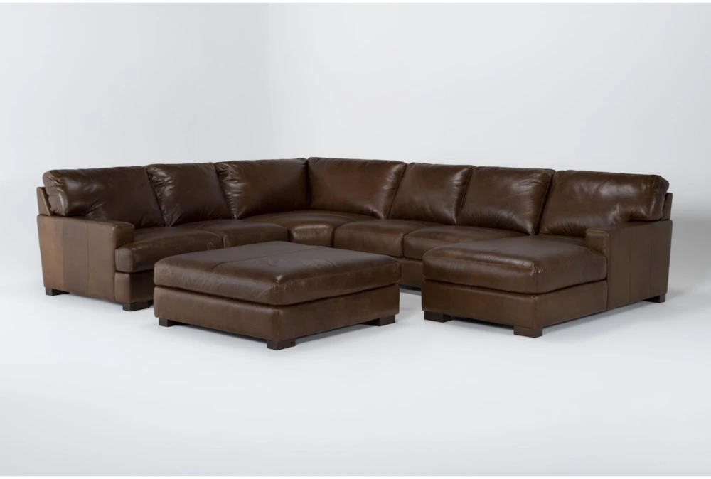 Grisham 100% Top Grain Italian Leather 142" 4 Piece Modular Sectional with Right Arm Facing Chaise & Cocktail Ottoman