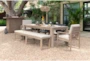 Malaga II Natural Rectangle Wood 80" Outdoor Dining Table With Arm Chairs, Sling Back Chairs, & Bench Set For 6 - Room