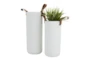 White Ceramic + Leather Handle Vases Set Of 2 - Front