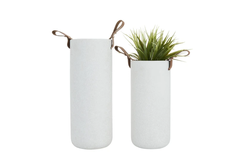 White Ceramic + Leather Handle Vases Set Of 2 - 360