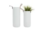 White Ceramic + Leather Handle Vases Set Of 2 - Signature