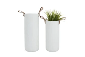 White Ceramic + Leather Handle Vases Set Of 2