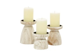 Whitewashed Cone Wood Pillar Candle Holders Set Of 3