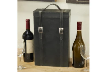 16 Inch Black Leather 2 Bottle Wine Holder Case