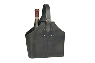 13 Inch Black Leather 2 Bottle Wine Carrying Basket