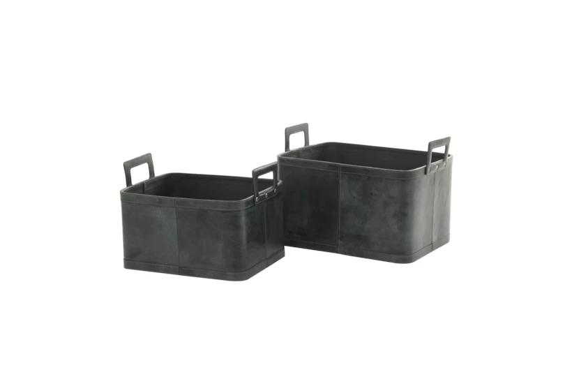 Black Leather Rectangular Baskets Set Of 2 - 360
