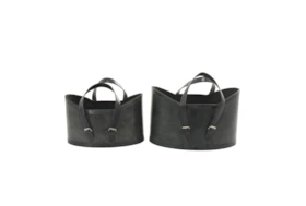 Black Leather Oval Handled Baskets Set Of 2