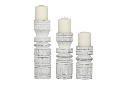 White Wash Egg + Dart Pillar Candle Holders Set Of 3 - Main
