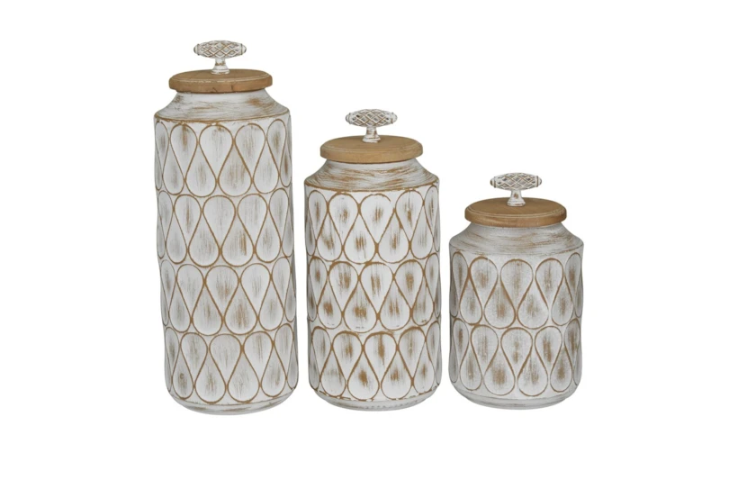 White + Natural Teardrop Pattern Decorative Canisters Set Of 3 - 360