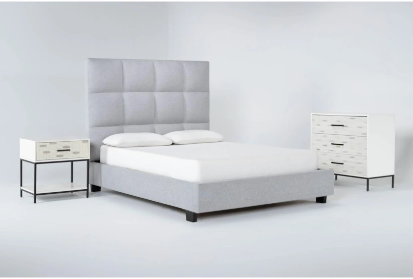 Boswell 3 Piece Queen Upholstered Bedroom Set With Elden II Bachelors Chest + 1 Drawer Nightstand - 360