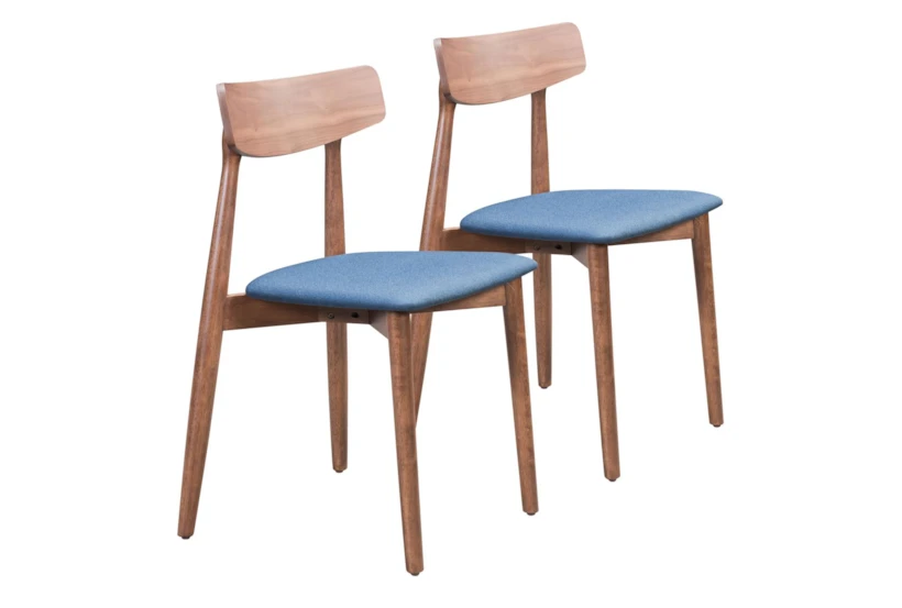 Mid-Century Walnut & Blue Contract Grade Dining Chair Set of 2 - 360