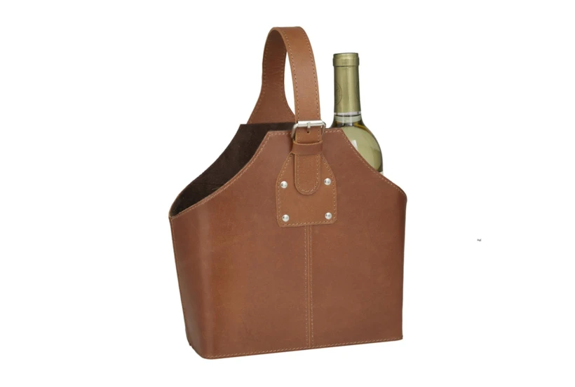 13 Inch Camel Brown Leather 2 Bottle Wine Carrying Basket - 360