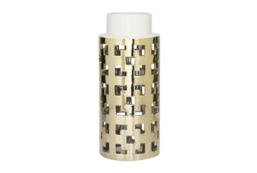 14 Inch White + Metallic Gold Greek Key Vase