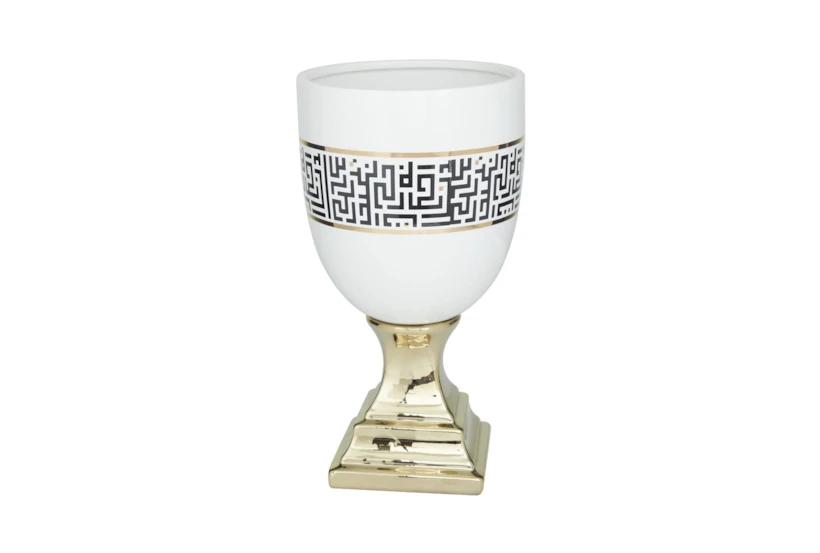 15 Inch White Metallic Gold + Black Maze Vase Planter - 360